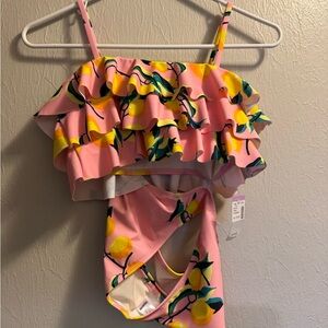 Pink Lemon Print Ruffle Swimsuit